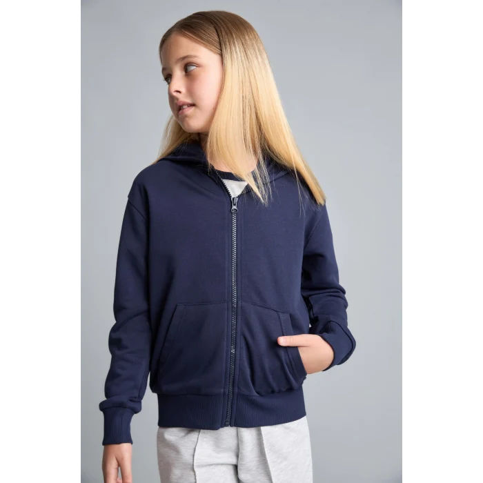 Defacto C8110A8NV241 Lacivert Fermuarlı Kanguru Cepli Kapüşonlu Basic Sweatshirt Hırka Kız Çocuk