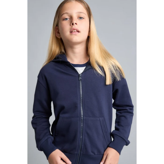 Defacto C8110A8NV241 Lacivert Fermuarlı Kanguru Cepli Kapüşonlu Basic Sweatshirt Hırka Kız Çocuk