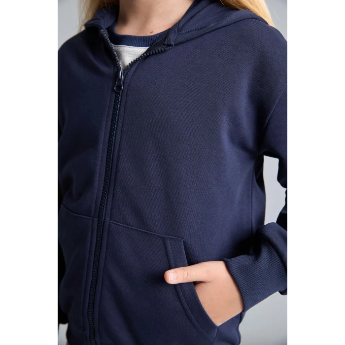 Defacto C8110A8NV241 Lacivert Fermuarlı Kanguru Cepli Kapüşonlu Basic Sweatshirt Hırka Kız Çocuk