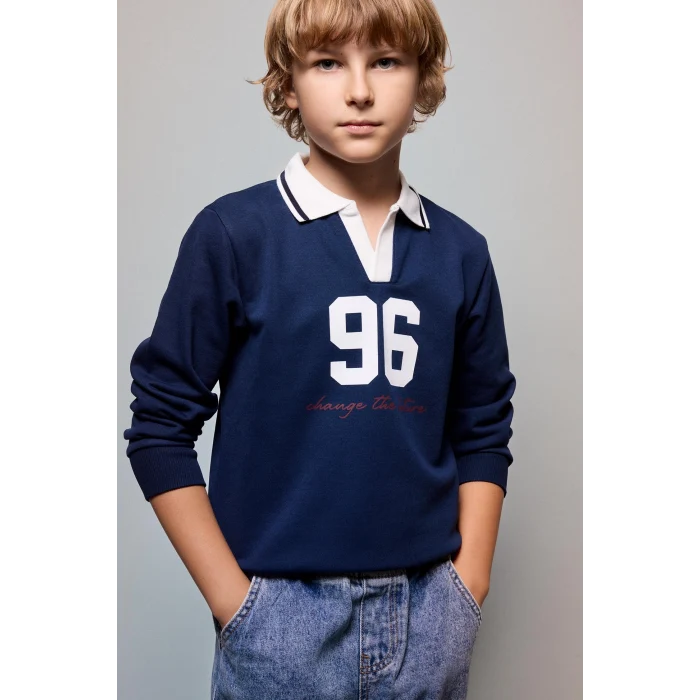 Defacto H9832A8NV241 Lacivert Oversıze Gömlek Yaka Kolej Baskılı Lacivert Sweatshirt Erkek Çocuk