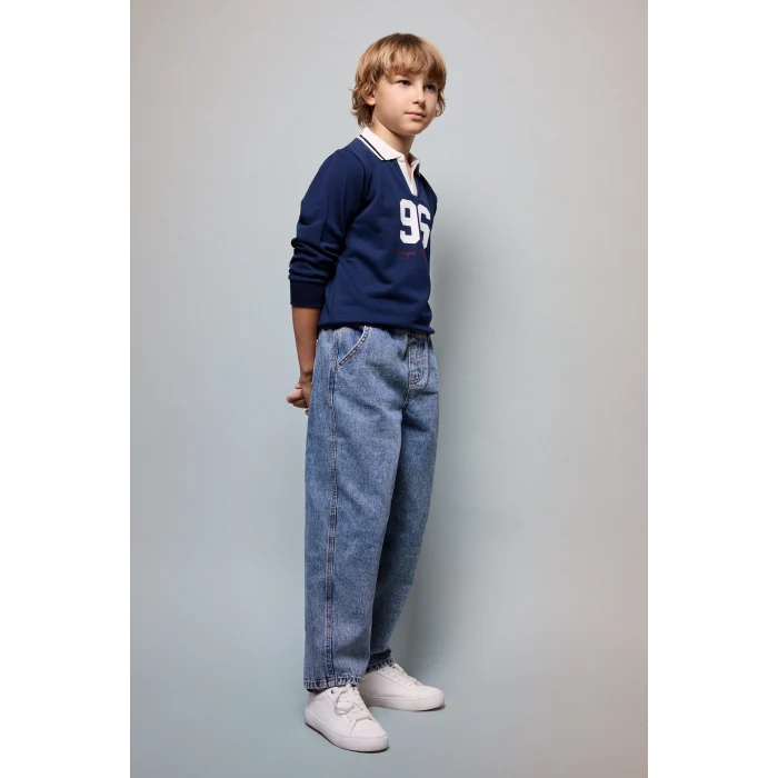 Defacto H9832A8NV241 Lacivert Oversıze Gömlek Yaka Kolej Baskılı Lacivert Sweatshirt Erkek Çocuk
