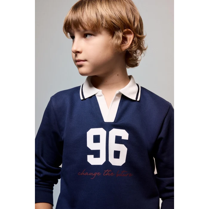 Defacto H9832A8NV241 Lacivert Oversıze Gömlek Yaka Kolej Baskılı Lacivert Sweatshirt Erkek Çocuk