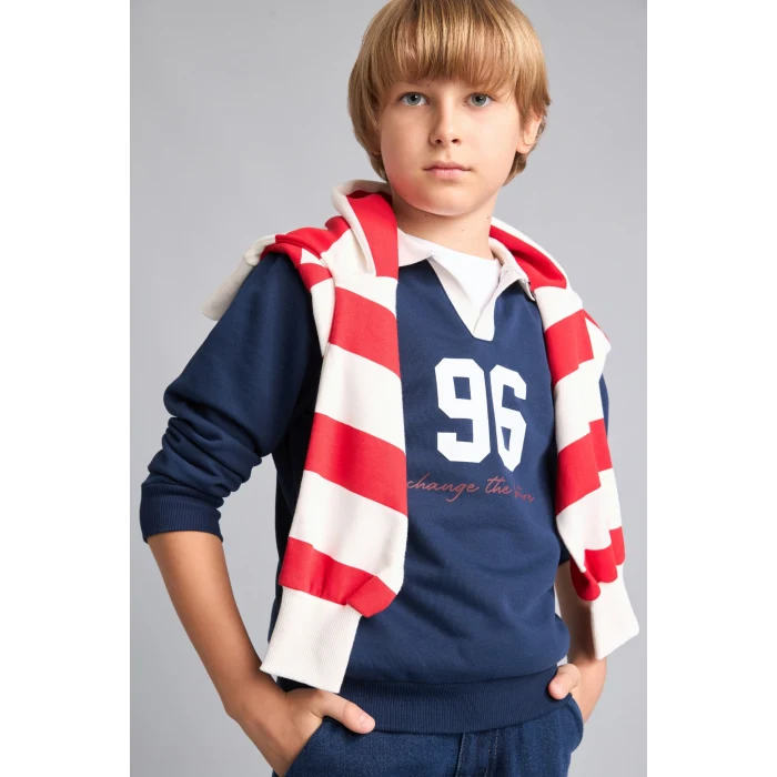 Defacto H9832A8NV241 Lacivert Oversıze Gömlek Yaka Kolej Baskılı Lacivert Sweatshirt Erkek Çocuk