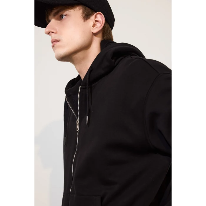 Defacto D7599AXBK81 Siyah Relax Fıt Kapüşonlu İçi Yumuşak Tüylü Kalın Kumaş Fermuarlı Sweatshirt