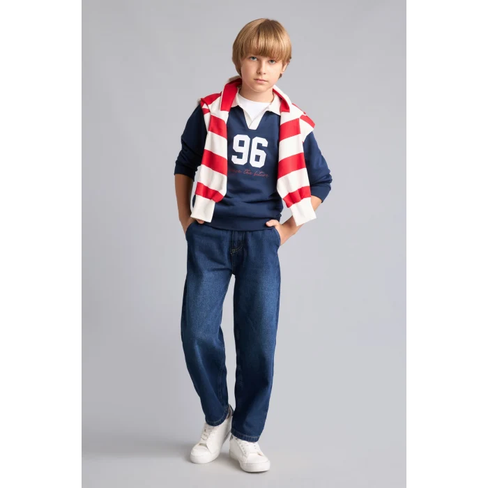 Defacto H9832A8NV241 Lacivert Oversıze Gömlek Yaka Kolej Baskılı Lacivert Sweatshirt Erkek Çocuk