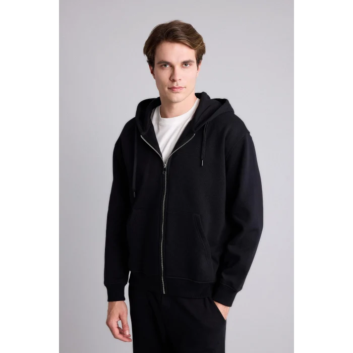 Defacto D7599AXBK81 Siyah Relax Fıt Kapüşonlu İçi Yumuşak Tüylü Kalın Kumaş Fermuarlı Sweatshirt