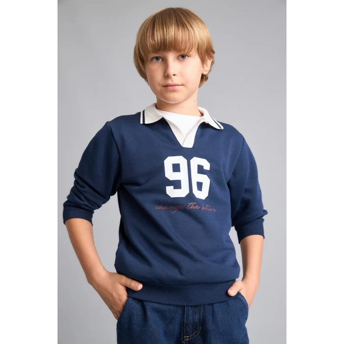 Defacto H9832A8NV241 Lacivert Oversıze Gömlek Yaka Kolej Baskılı Lacivert Sweatshirt Erkek Çocuk