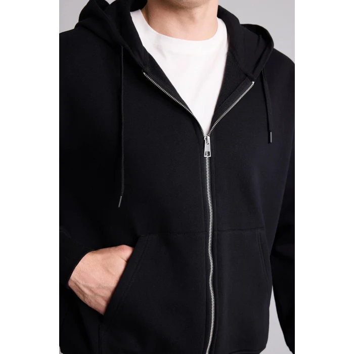 Defacto D7599AXBK81 Siyah Relax Fıt Kapüşonlu İçi Yumuşak Tüylü Kalın Kumaş Fermuarlı Sweatshirt