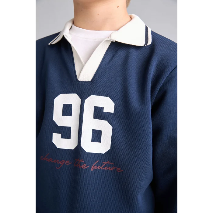 Defacto H9832A8NV241 Lacivert Oversıze Gömlek Yaka Kolej Baskılı Lacivert Sweatshirt Erkek Çocuk