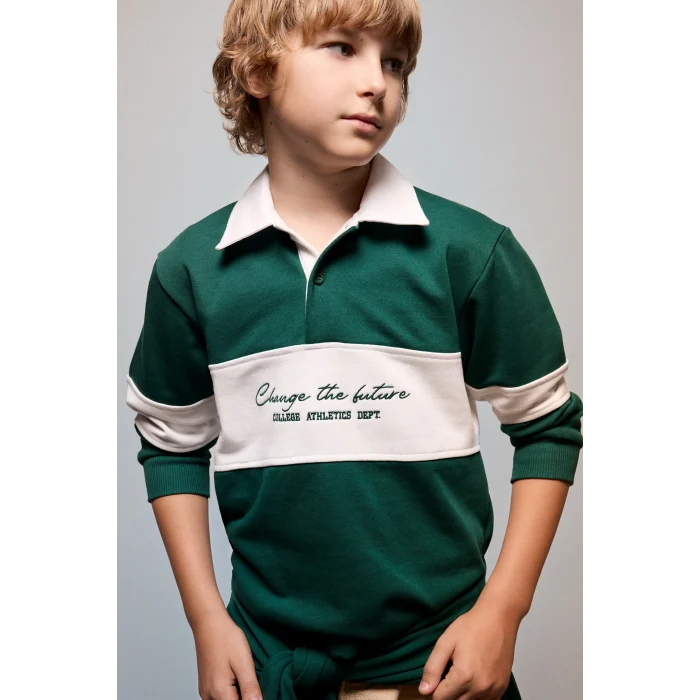 Defacto H9808A8GN671 Yeşil Oversize Gömlek Yaka Renk Bloklu Baskılı Sweatshirt Erkek Çocuk