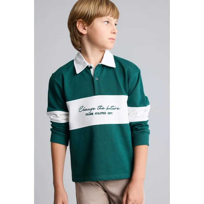 Defacto H9808A8GN671 Yeşil Oversize Gömlek Yaka Renk Bloklu Baskılı Sweatshirt Erkek Çocuk