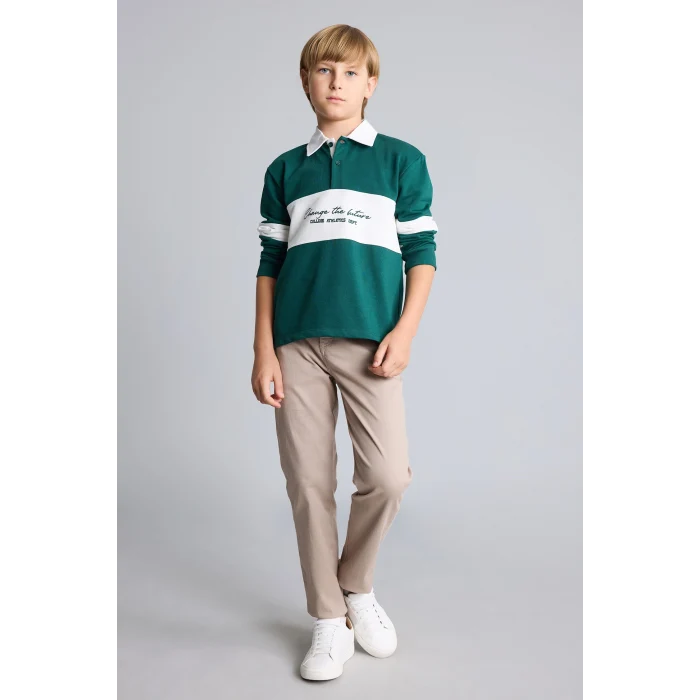 Defacto H9808A8GN671 Yeşil Oversize Gömlek Yaka Renk Bloklu Baskılı Sweatshirt Erkek Çocuk