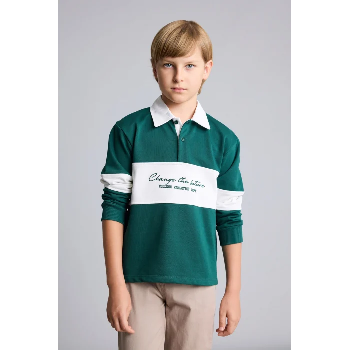 Defacto H9808A8GN671 Yeşil Oversize Gömlek Yaka Renk Bloklu Baskılı Sweatshirt Erkek Çocuk