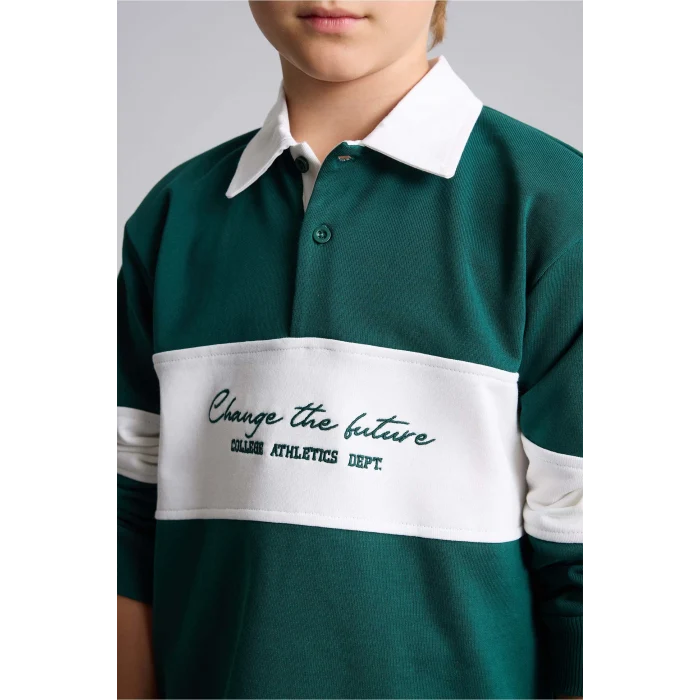 Defacto H9808A8GN671 Yeşil Oversize Gömlek Yaka Renk Bloklu Baskılı Sweatshirt Erkek Çocuk
