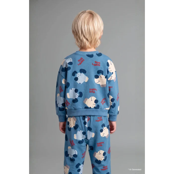 Defacto I0283A5BE227 Mavi Köpek Baskılı Bisiklet Yaka Sweatshirt Üst Lastikli Paça Alt 2li Takım Erkek Bebek