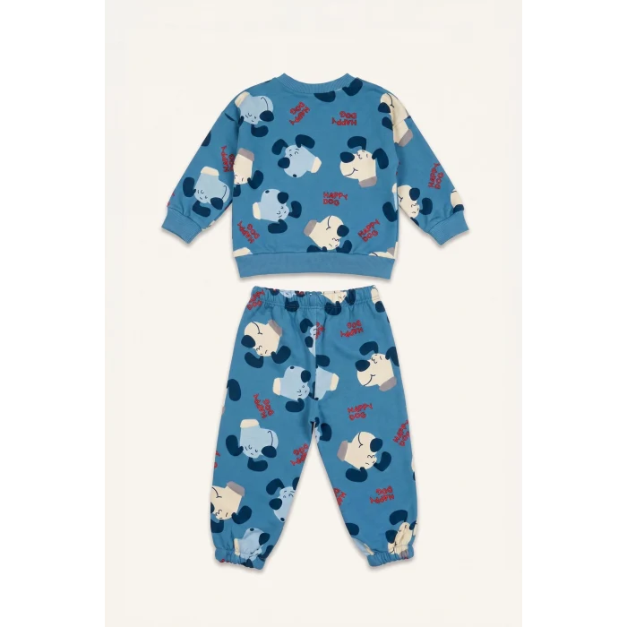 Defacto I0283A5BE227 Mavi Köpek Baskılı Bisiklet Yaka Sweatshirt Üst Lastikli Paça Alt 2li Takım Erkek Bebek