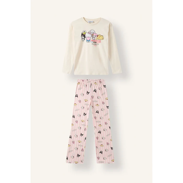 Defacto I1876A8ER105 Ekru Hello Kıtty Uzun Kollu Pijama Üstü Esnek Belli Uzun Pijama Altı 2li Takım Kız Çocuk