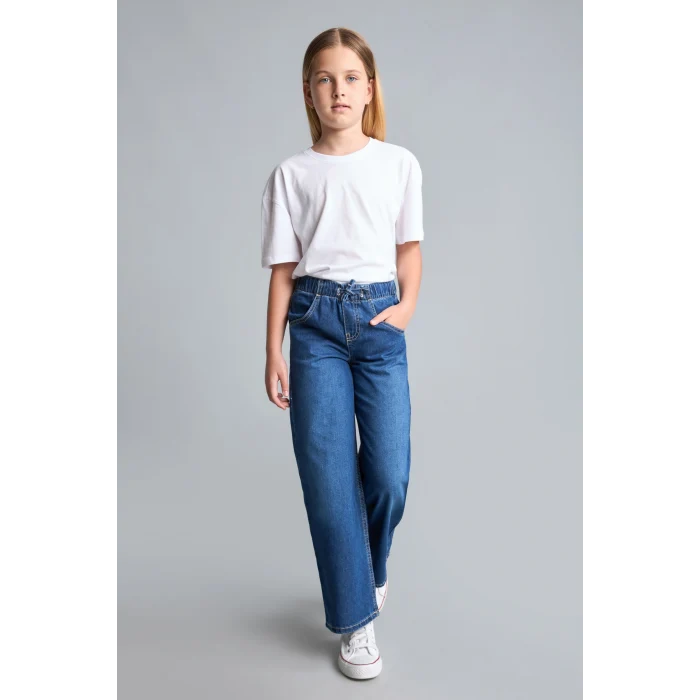 Defacto H6242A8NM28 Mavi Beli Lastikli Wide Leg Jean Pantolon Kız Çocuk