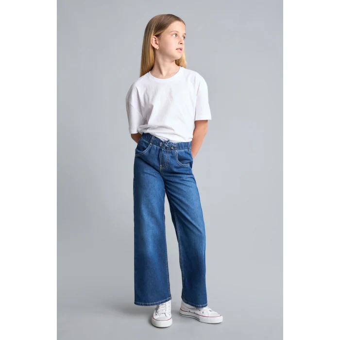 Defacto H6242A8NM28 Mavi Beli Lastikli Wide Leg Jean Pantolon Kız Çocuk