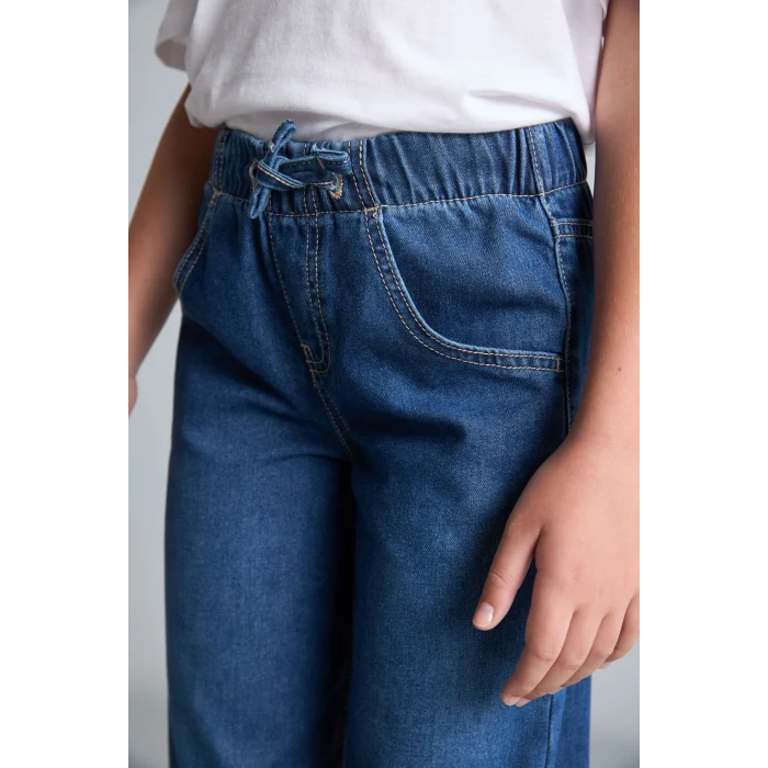 Defacto H6242A8NM28 Mavi Beli Lastikli Wide Leg Jean Pantolon Kız Çocuk
