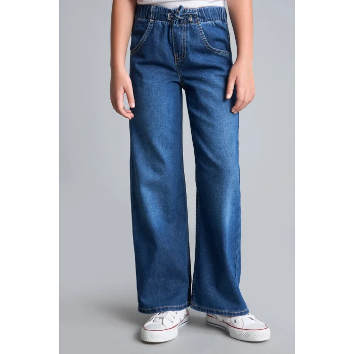 Defacto H6242A8NM28 Mavi Beli Lastikli Wide Leg Jean Pantolon Kız Çocuk