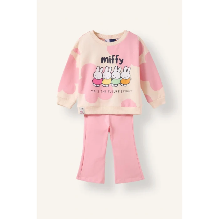 Defacto I2162A5ER233 Ekru %100 Pamuk Miffy Baskılı Sweatshirt Üst İspanyol Paça Pantolon Alt 2li Takım Kız Bebek