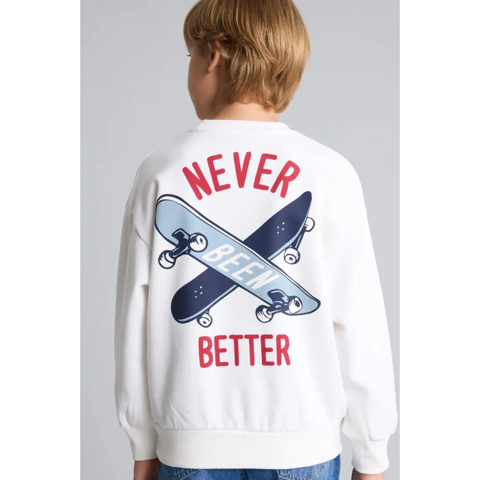 Defacto I0114A8ER105 Ekru Oversize Bisiklet Yaka Sırt Baskılı İçi Yumuşak Tüylü Sweatshirt Erkek Çocuk