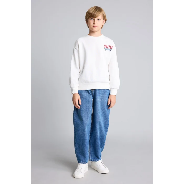 Defacto I0114A8ER105 Ekru Oversize Bisiklet Yaka Sırt Baskılı İçi Yumuşak Tüylü Sweatshirt Erkek Çocuk