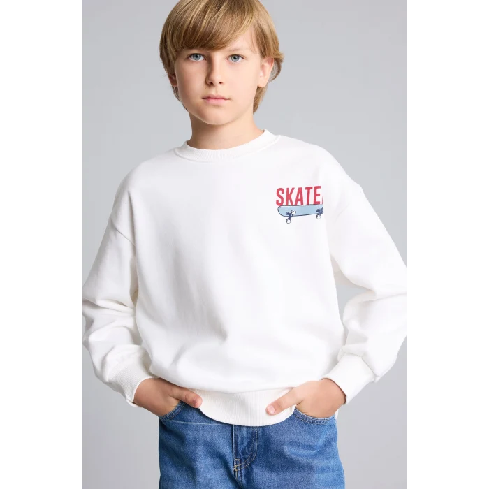 Defacto I0114A8ER105 Ekru Oversize Bisiklet Yaka Sırt Baskılı İçi Yumuşak Tüylü Sweatshirt Erkek Çocuk