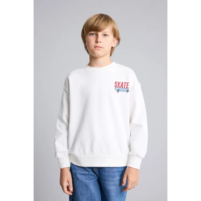Defacto I0114A8ER105 Ekru Oversize Bisiklet Yaka Sırt Baskılı İçi Yumuşak Tüylü Sweatshirt Erkek Çocuk