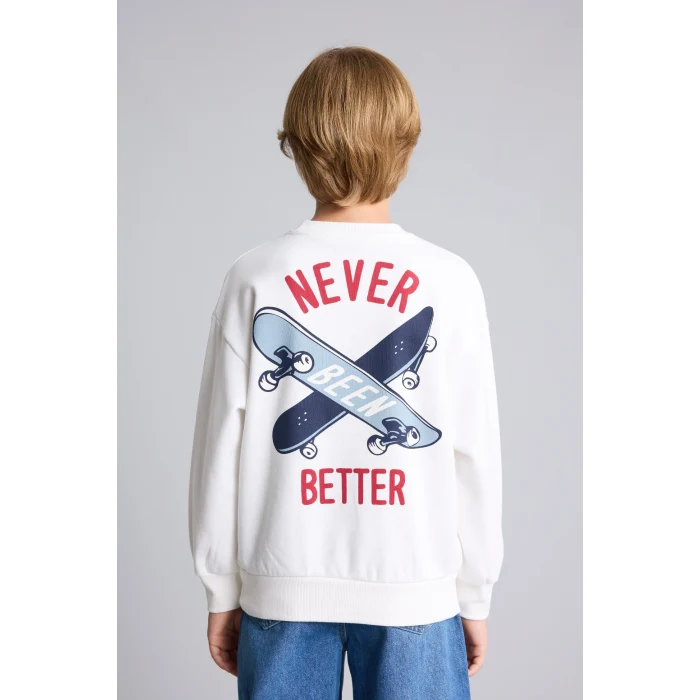 Defacto I0114A8ER105 Ekru Oversize Bisiklet Yaka Sırt Baskılı İçi Yumuşak Tüylü Sweatshirt Erkek Çocuk