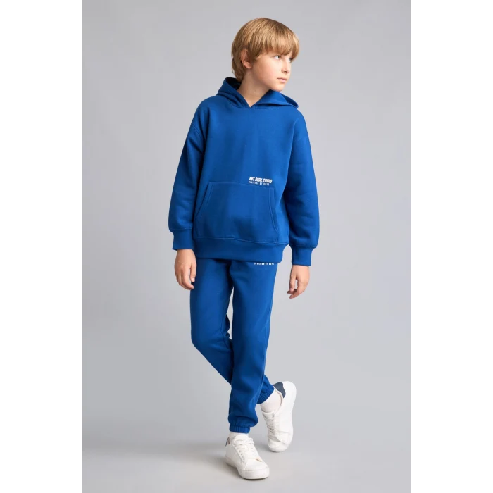 Defacto H9682A8BE842 Mavi Regular Fit Kapüşonlu Baskılı Kanguru Cepli Kalın Kumaş Sweatshirt Erkek Çocuk