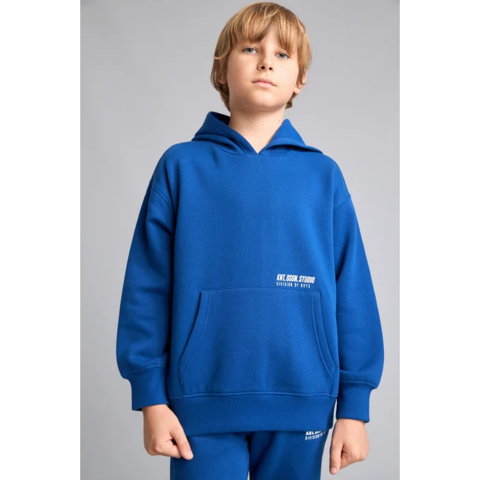 Defacto H9682A8BE842 Mavi Regular Fit Kapüşonlu Baskılı Kanguru Cepli Kalın Kumaş Sweatshirt Erkek Çocuk