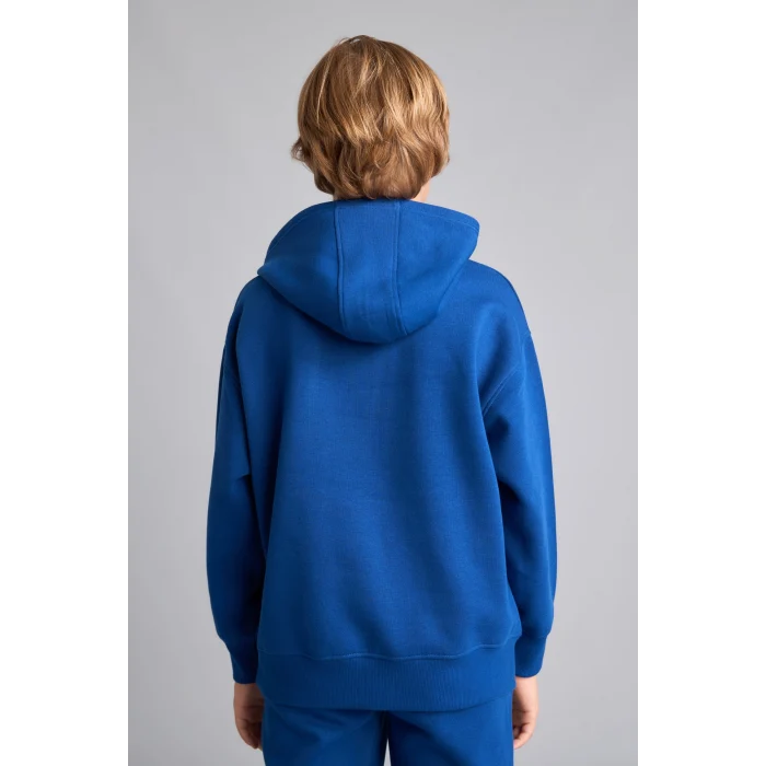 Defacto H9682A8BE842 Mavi Regular Fit Kapüşonlu Baskılı Kanguru Cepli Kalın Kumaş Sweatshirt Erkek Çocuk