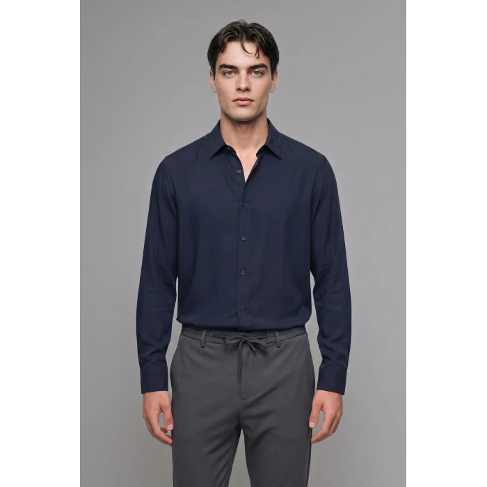Defacto H5254AXNV253 Lacivert Regular Fit Polo Yaka Modal Uzun Kollu Gömlek