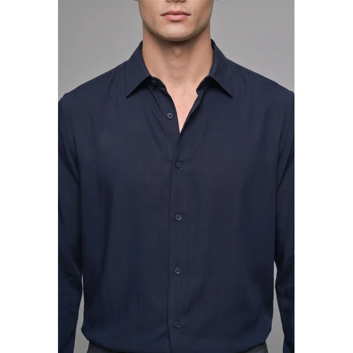 Defacto H5254AXNV253 Lacivert Regular Fit Polo Yaka Modal Uzun Kollu Gömlek