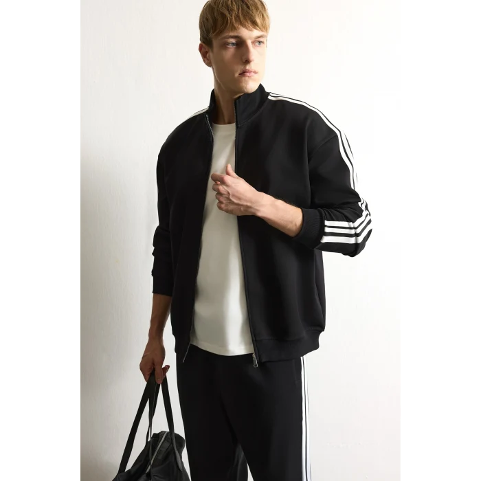 Defacto F0106AXBK81 Siyah Nefes Alabilen Boxy Fit Fermuarlı Dik Yaka Sweatshirt