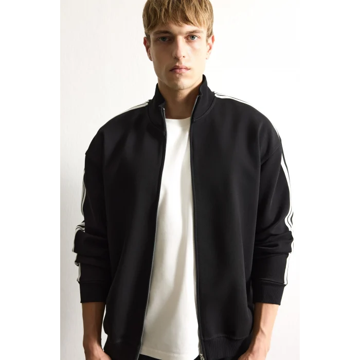 Defacto F0106AXBK81 Siyah Nefes Alabilen Boxy Fit Fermuarlı Dik Yaka Sweatshirt