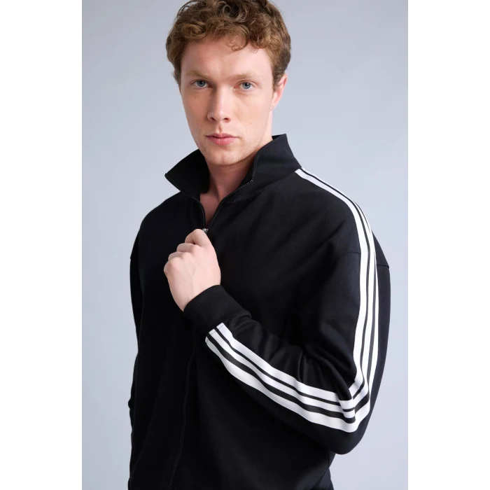 Defacto F0106AXBK81 Siyah Nefes Alabilen Boxy Fit Fermuarlı Dik Yaka Sweatshirt