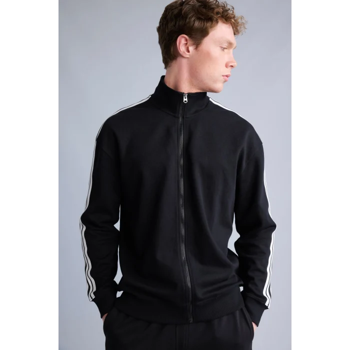 Defacto F0106AXBK81 Siyah Nefes Alabilen Boxy Fit Fermuarlı Dik Yaka Sweatshirt