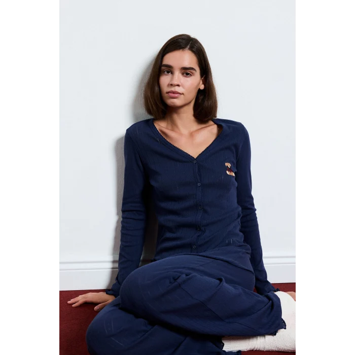 Defacto H4375AXNV241 Lacivert Regular Fit Uzun Kollu Hırka Üst Geniş Paça Alt Pijama Takımı