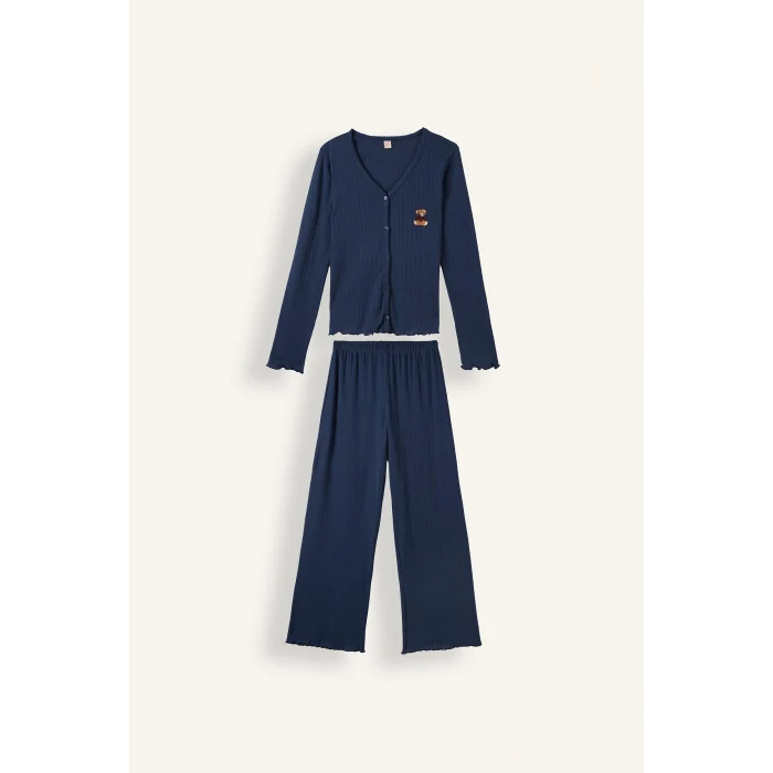 Defacto H4375AXNV241 Lacivert Regular Fit Uzun Kollu Hırka Üst Geniş Paça Alt Pijama Takımı