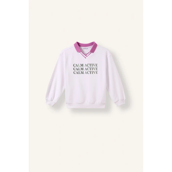 Defacto I3837A8WT34 Beyaz Relax Fit Kontrast Polo Yaka Baskılı Sweatshirt Kız Çocuk