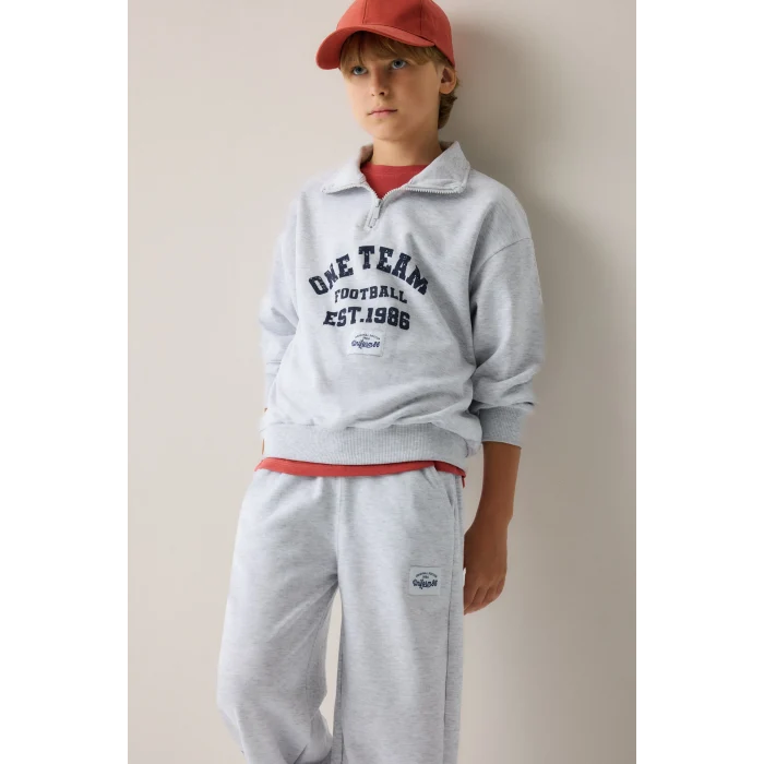 Defacto H9892A8GR400 Gri Regular Fıt Uzun Kollu Dik Yaka Pamuklu Baskılı Sweatshirt Erkek Çocuk