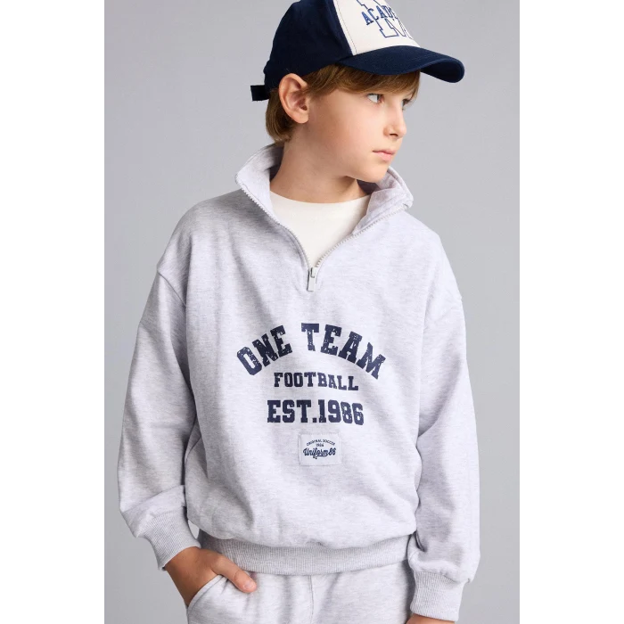 Defacto H9892A8GR400 Gri Regular Fıt Uzun Kollu Dik Yaka Pamuklu Baskılı Sweatshirt Erkek Çocuk