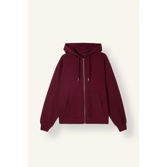 Defacto C1809AXBR115 Bordo Relax Fıt Kapüşonlu Basıc Düz Kalın Sweatshirt Kumaşı Hırka