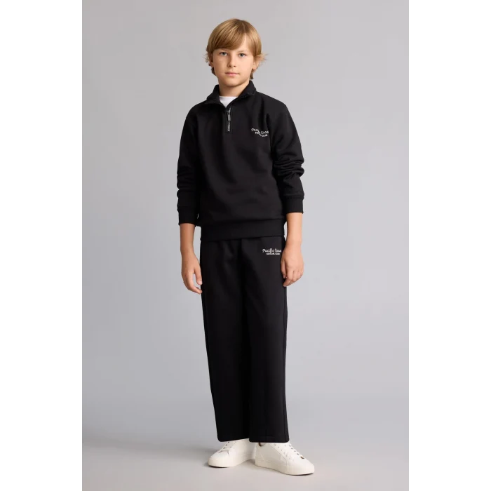 Defacto H9689A8BK81 Siyah Regular Fit Yarım Fermuarlı Dik Yaka İçi Yumuşak Tüylü Yazı İşlemeli Sweatshirt Erkek Çocuk