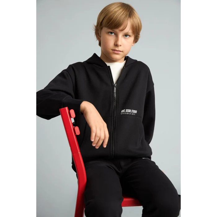 Defacto H9681A8BK81 Siyah Baskılı Kapüşonlu Fermuarlı Cepli Sweatshirt Hırka Erkek Çocuk