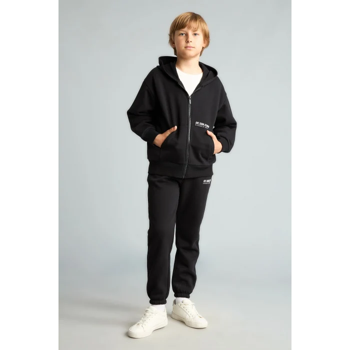 Defacto H9681A8BK81 Siyah Baskılı Kapüşonlu Fermuarlı Cepli Sweatshirt Hırka Erkek Çocuk