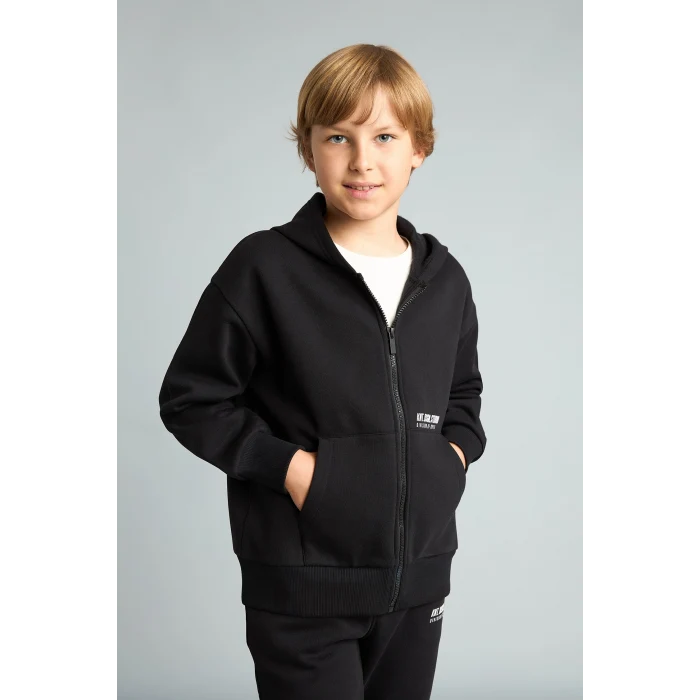 Defacto H9681A8BK81 Siyah Baskılı Kapüşonlu Fermuarlı Cepli Sweatshirt Hırka Erkek Çocuk